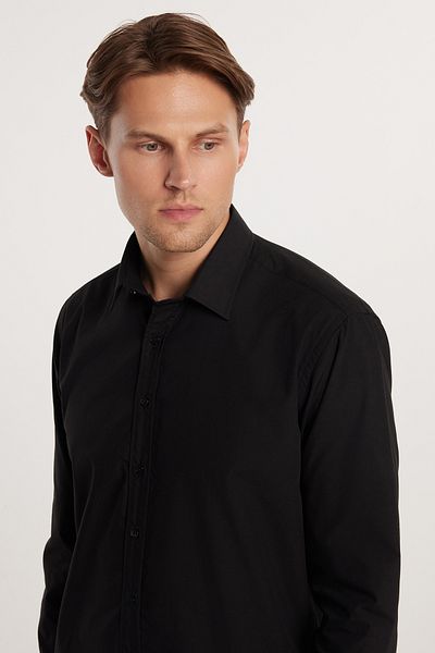 Tudors Moderní pánská černá košile Slim Fit Bavlna Easy Iron s dlouhým rukávem