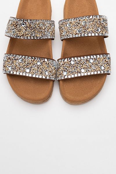 LuviShoes JAMES Tan Stone Double Banded Genuine Leather Women's Slippers