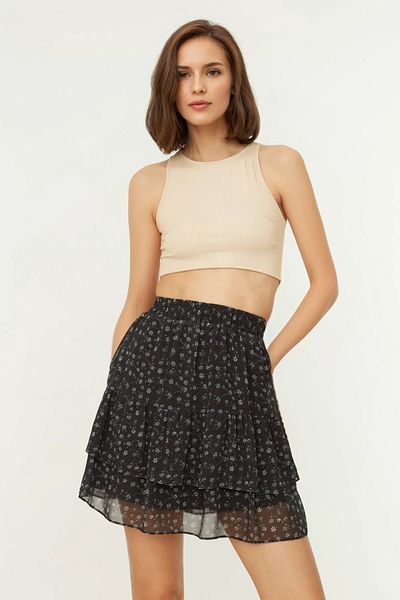 Trendyol Collection Fustă neagră din șifon cu volan cu căptușeală florală TWOAW21ET0410