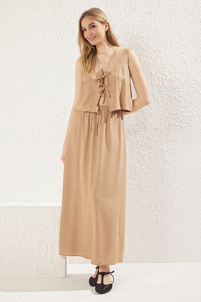 Trendyol Collection Beige Front Tie Detail V-Neck Blouse and Skirt Woven Double Bottom-Top Set Twoss25Au00080