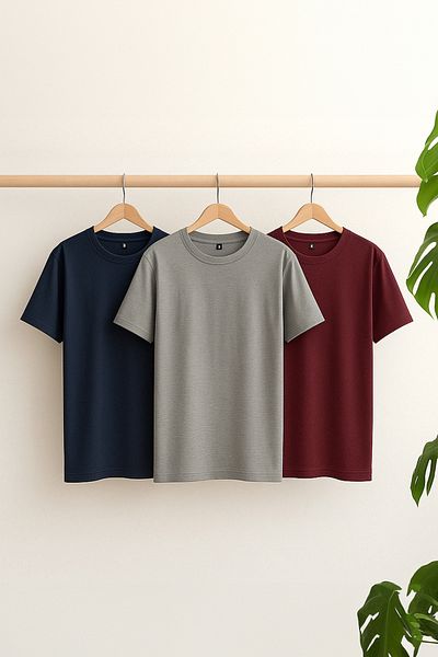 Trendyol Collection Βουργουνδία-Γκρι-Μπλε Navy Oversize/Wide Cut 3 Pack 100% T-Shirt TMNSS24TS00026