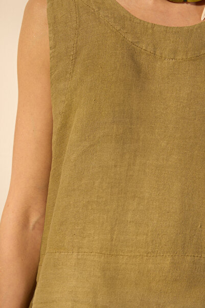 Trendyol Collection Khaki 100% Linen Blouse with Binding Detail Twoss25Bz00472
