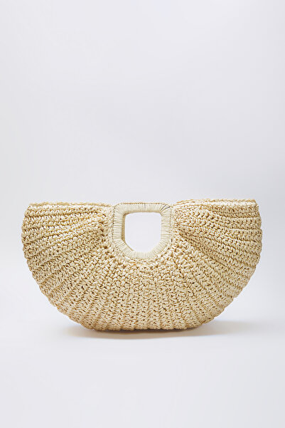 TRENDYOL SHOES Beige Wicker Hand Knitted Women's Medium Size Oval Handbag Takss25Oc00062
