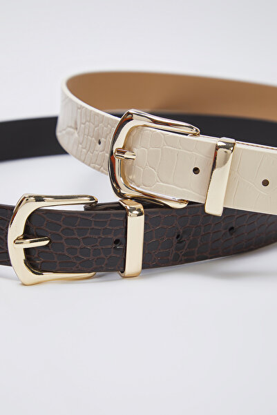 Trendyol Collection Women's Belt for Dark Brown-Ecru 2'Li Croco Leather Belt