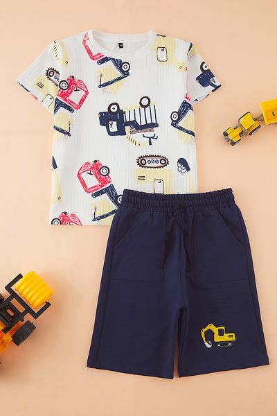 TRENDYOLKIDS Navy Blue Boy's Cotton Car Printed Short Sleeve Knitted Bottom-Top Suit Tkdss24Au00026