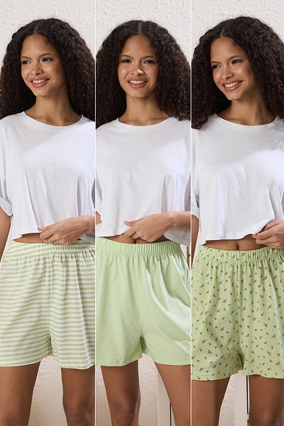 Trendyol Collection   Combination of Green and Multicolor 3, 100% Cotton, Flower and Line Pajama Set Thmss25Pj00014