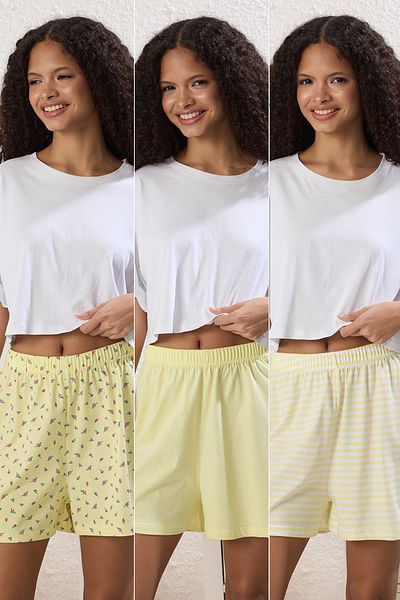 Trendyol Collection Žluté magnetické kusy 100% bavlna květinové a pruhované pyžamo spodní Thmss25pj00014