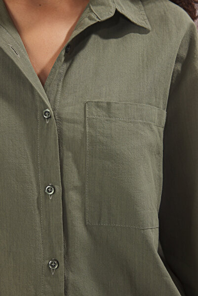 Trendyol Collection Khaki Cotton Blended Linen Look Oversize Wide Fit Woven Shirt Twoss25Go00096