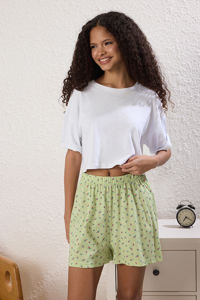 Trendyol Collection   Combination of Green and Multicolor 3, 100% Cotton, Flower and Line Pajama Set Thmss25Pj00014
