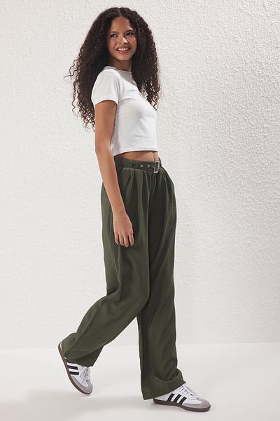 Trendyol Collection Khaki Modal Bad Belt Brocated Wide Leg New 25212 Trousers