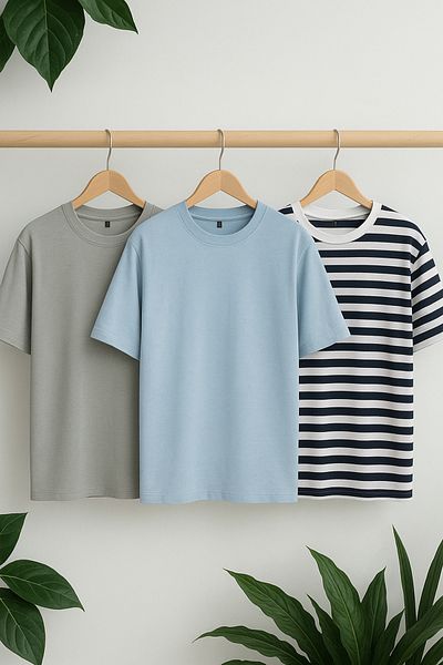 Trendyol Collection Γκρι-Μπλε-Μπλε-Μπλε ριγέ Oversize/Wide Cut 3 Pack 100% T-Shirt TMNSS24TS00026
