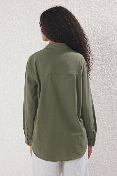 Trendyol Collection Khaki Cotton Blended Linen Look Oversize Wide Fit Woven Shirt Twoss25Go00096