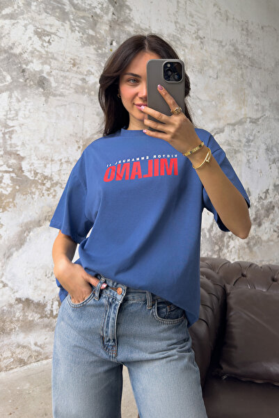 Trendyol Collection Індіго на спині з принтом oversizeGenis Pattern Crew Neck Orme Футболка TWOSS24TS00066