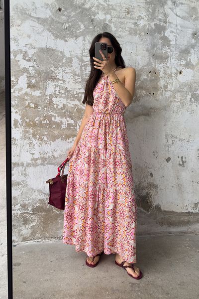 Trendyol Collection Ροζ Σάλι Μοτίβο Υφαντό Μάξι Φόρεμα TWOSS25EL00700