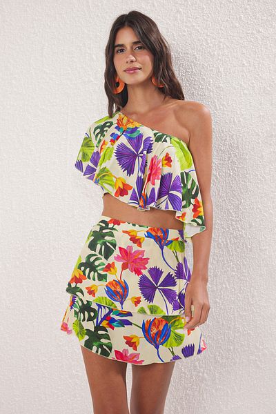 Trendyol Collection Tropical Pattern Woven Strapless Beach Blouse Skirt Set Tbess25Au00083