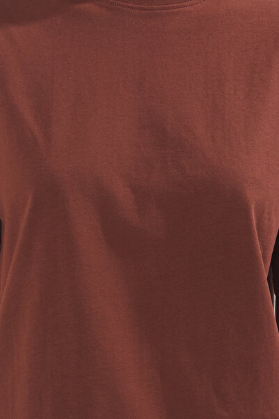 Trendyol Collection Καφέ 100% Πυκνό Βαμβακερό Premium Oversize/Φαρδύ Πλεκτό Μπλουζάκι TWOSS23TS00040