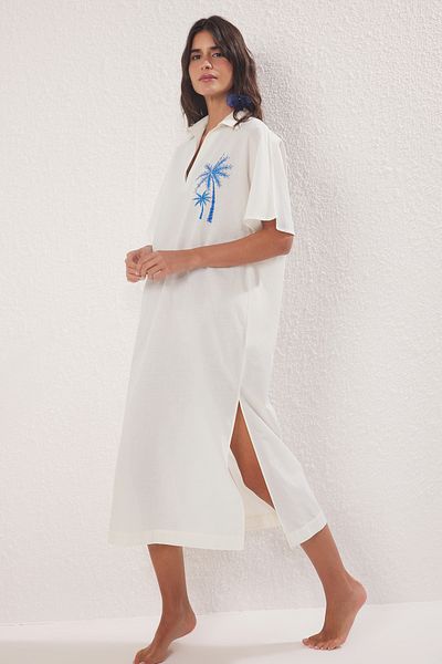 Trendyol Collection Ecru Maxi Woven 100% Cotton Embroidered Beach Dress Tbess25El00026
