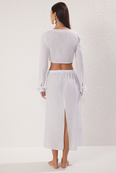 Trendyol Collection White Woven Frilly Binding Detailed Beach Blouse Skirt Suit Tbess25Au00079