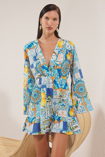 Trendyol Collection Mini plážové šaty s ovocným vzorem 100% bavlna, podrobné TBESS23EL00030