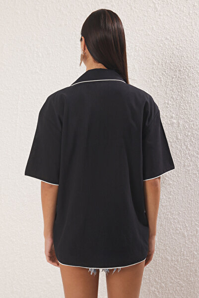 Trendyol Collection Black Woven Piped 100% Cotton Maxi Beach Shirt Tbess25Go00025