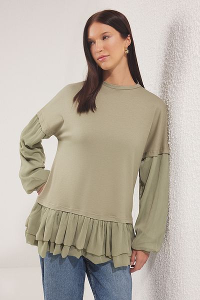 Trendyol Modest Khaki Woven Detailed Frilly Knitted Tunic Tctss25Uk00004