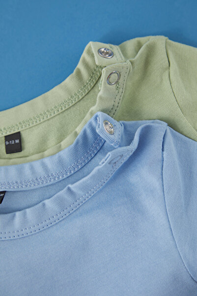 TRENDYOLKIDS Green-Blue 2-Piece Boy's 100% Cotton Basic Snap Fastener Bodysuit & Bodysuit Tkdss25Zo00012