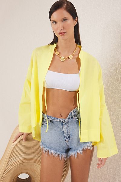 Trendyol Collection Żółta tkana 100% bawełniana koszula plażowa TBESS25GO00026