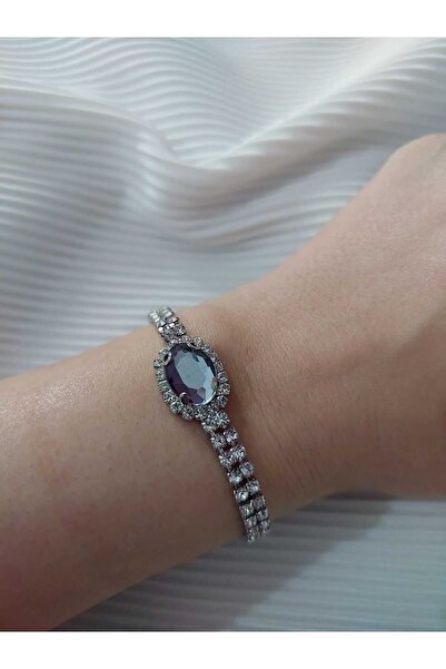 Avcıoğlu Aksesuar اسوارة نسائية حجر واحد بيضاوي موديل زركون كريستال حجر اسوارة مطلية بالفضة