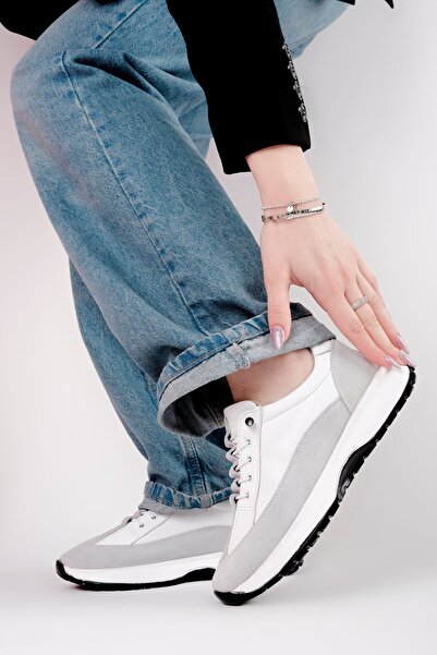 Lal Shoes & Bags Lavin Жіночі Справжня шкіра Прихована шнурівка Нубку Детальні Спортивні черевики-білий