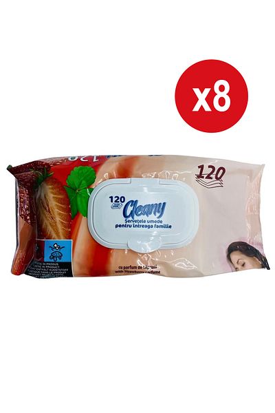 CLEANY WET WIPES WITH STRAWBERRY PERFUME, 120PCS x 8