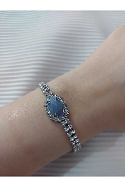 Avcıoğlu Aksesuar اسوارة نسائية حجر واحد بيضاوي موديل زركون كريستال حجر اسوارة مطلية بالفضة