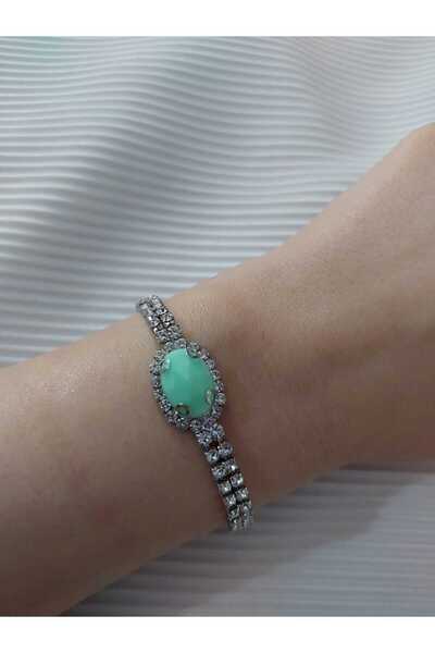 Avcıoğlu Aksesuar اسوارة نسائية حجر واحد بيضاوي موديل زركون كريستال حجر اسوارة مطلية بالفضة