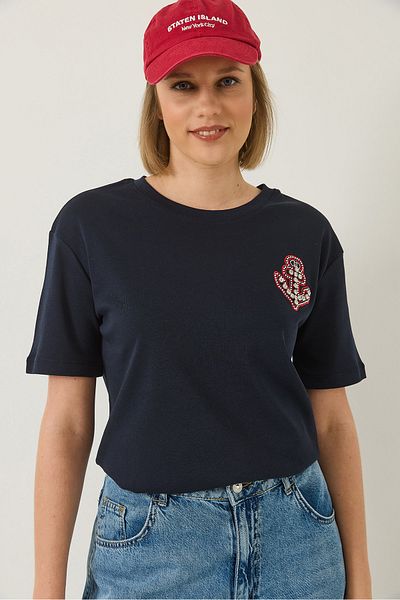 Bianco Lucci Damen-T-Shirt aus Baumwolle mit Sailor-Stickerei und Strasssteinen 60283209
