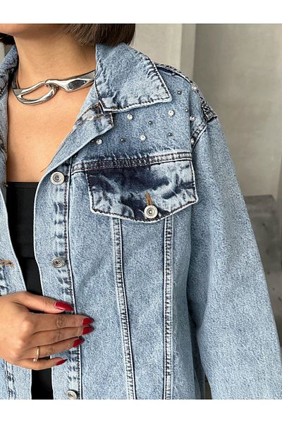 ÇEÇİM JACHETĂ DE DENIM DE DIMINĂ DE MĂRI INTERMEDIALE CU DETALIU DE BRODARE PIATĂ PENTRU FEMEI ZYN-58756