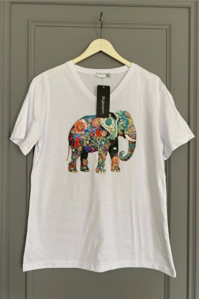 Bİ.GİYSEN Woman's large size white v-neck front with elephant embroidery sequin embellished %100 cotton combed cotton buluz
