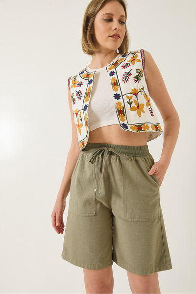 Bianco Lucci Kadın Büyük Cep Detaylı Bağlamalı Keten Şort YP5384 60283207