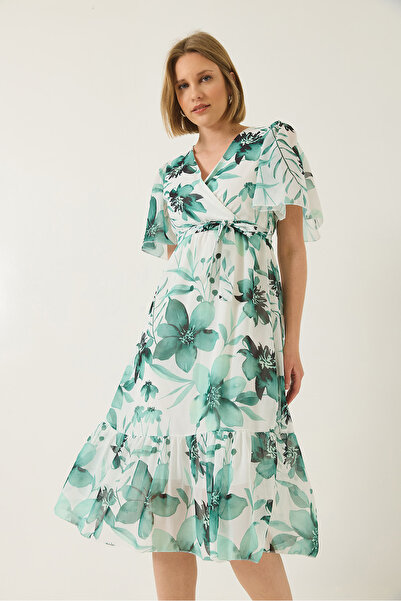 Bianco Lucci Női duplasoros hajtóka, rugalmas derék, öves bélelt mintás sifon ruha 60283211