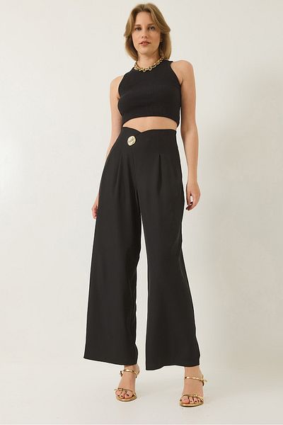 Bianco Lucci Women's High Waist Collar Detailed Accessory Hidden Zipper Loose Classic Trousers 80170 60283198