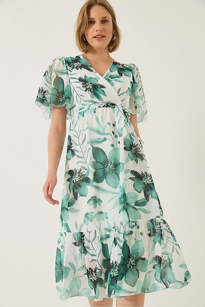 Bianco Lucci Women's Double Breasted Collar Elastic Waist Belted Lined Patterned Chiffon Dress 60283211