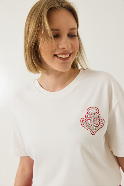 Bianco Lucci Γυναικείο μπλουζάκι Sailor Κεντημένο Πέτρινο Βαμβακερό 60283209