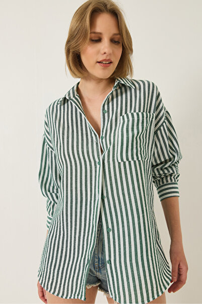 Bianco Lucci Dámská pruhovaná oversized tkaná košile s jednou kapsou 2069 60283203