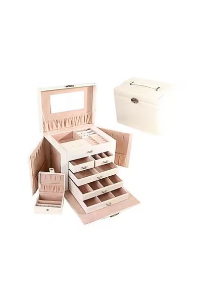 COOYA Jewellery Packaging Box, Premium PU Leather with 8 Hooks and 2 Storage Pouches, White