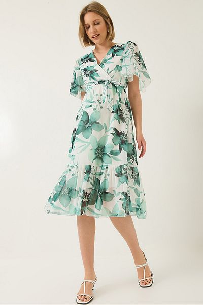 Bianco Lucci Women's Double Breasted Collar Elastic Waist Belted Lined Patterned Chiffon Dress 60283211