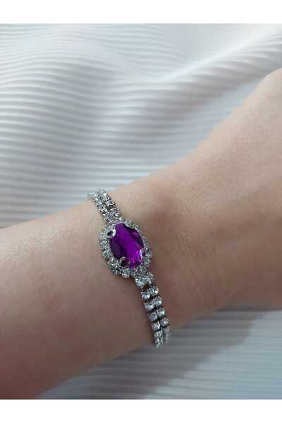 Avcıoğlu Aksesuar اسوارة نسائية حجر واحد بيضاوي موديل زركون كريستال حجر اسوارة مطلية بالفضة