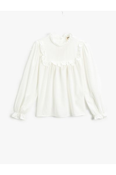 Koton Bluse mit Stehkragen und Rüschendetail, lange Ärmel, elastische Bündchen