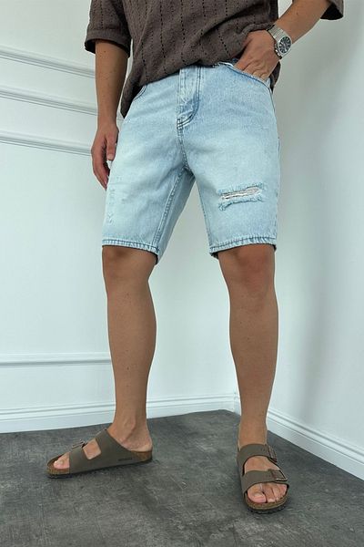 MADZEYMODA Ανδρικό Ice Blue Ripped Λεπτομερές ύφασμα τζιν Jean τζιν σορτς KE-580