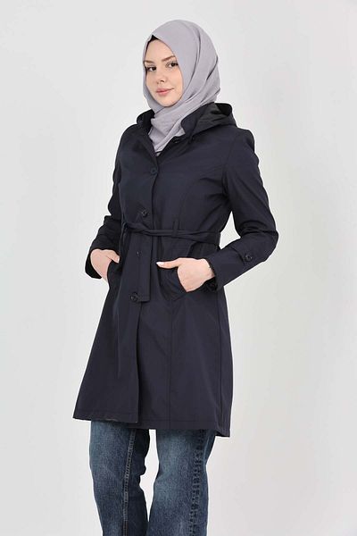 S&V TEKSTİL Women's Navy Blue New Trend Hijab Trench Coat