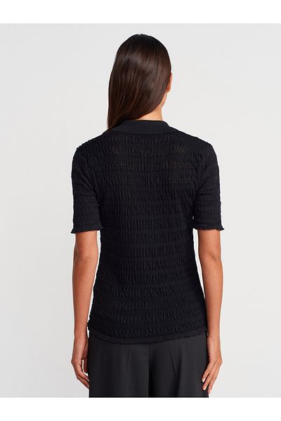 Dilvin 60971 Polo Neck Gathered Button Slim Knitwear Cardigan-Black