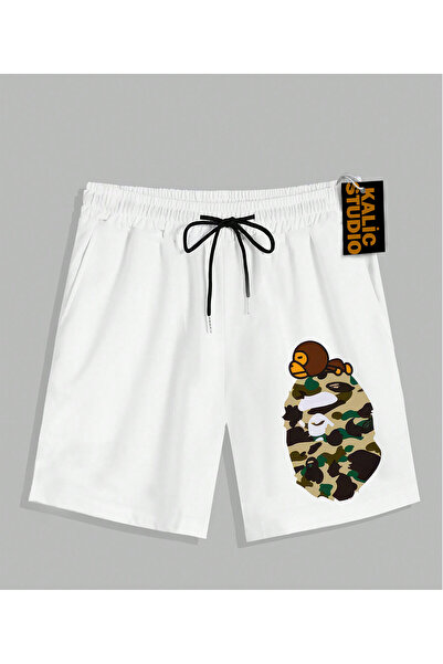 Kalic Studio PANTALONI SCURT DE VARĂ UNISEX Mr. Bape cu model alb