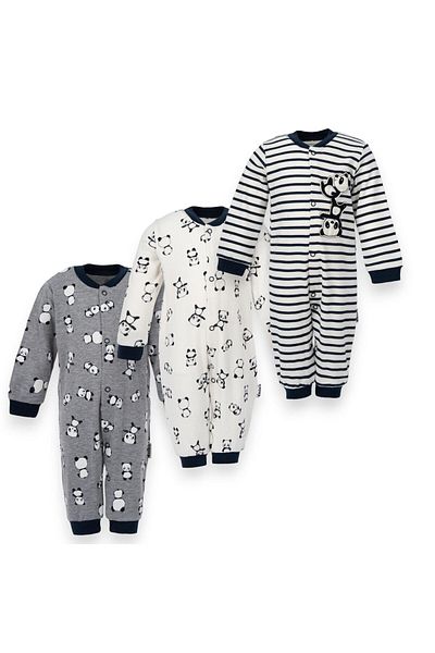 Lolons Panda Printed Striped Snap Fastener Baby Boy Jumpsuit with Triple Cuffs